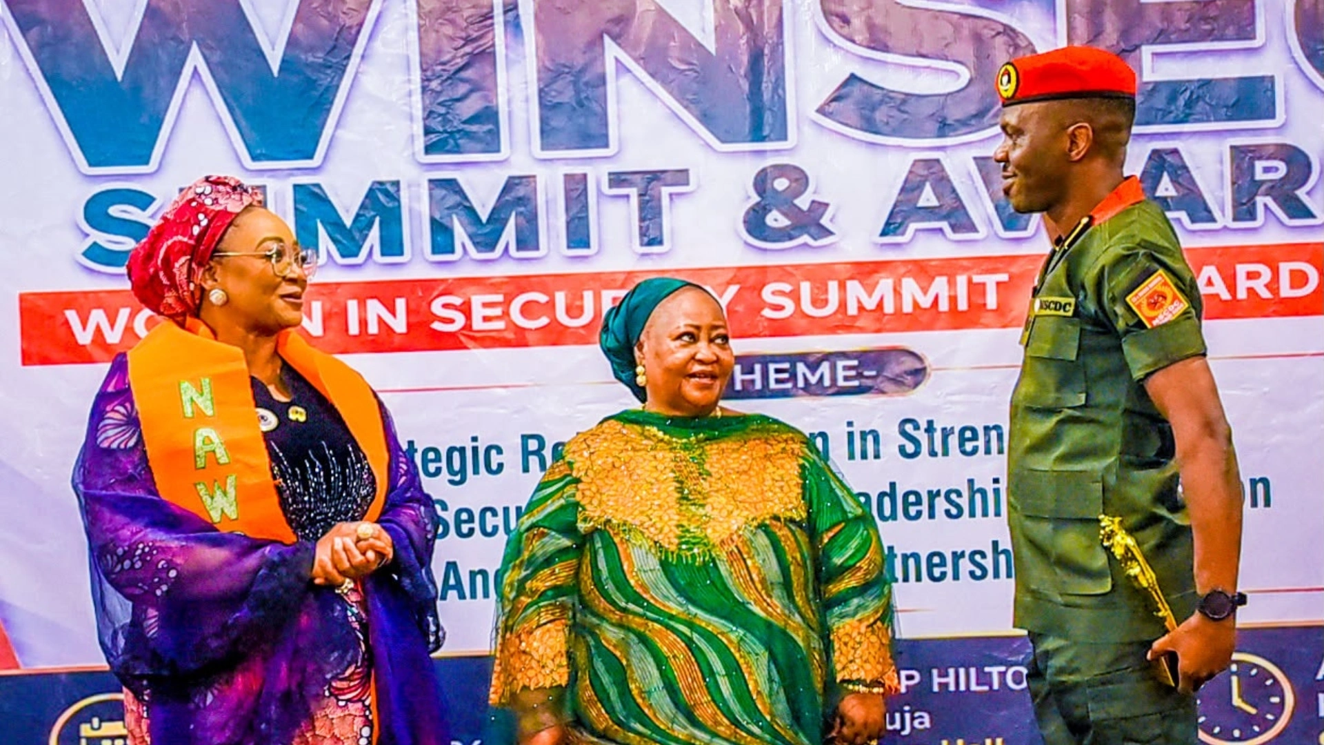 Minister of Women Affairs and Social Development Imaan Sulaiman-Ibrahim and NSCDC Mining Marshals Commander John Onoja Attah