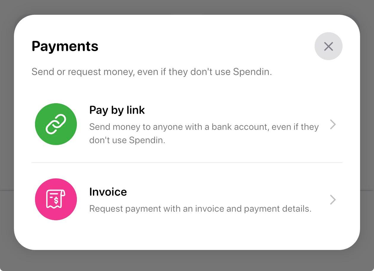 Spendin’s payment interface displaying its Pay by Link and Invoice features for sending and requesting money.