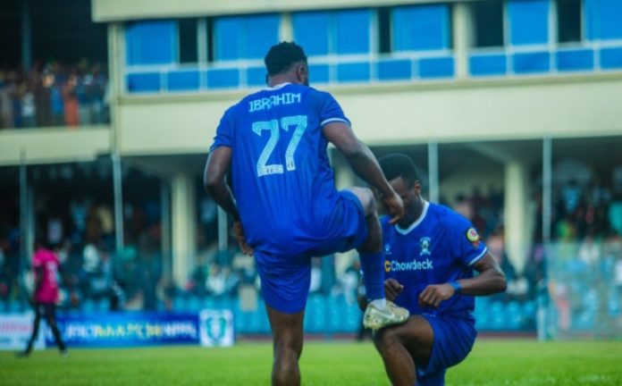 Shooting Stars' Sodiq Ibrahim celebrates goal against Inter Lagos, during Nigeria Premier Football League (NPFL), match, at the Lekan Salami Stadium in Ibadan, Oyo State. PHOTO CREDIT:von.gov.ng