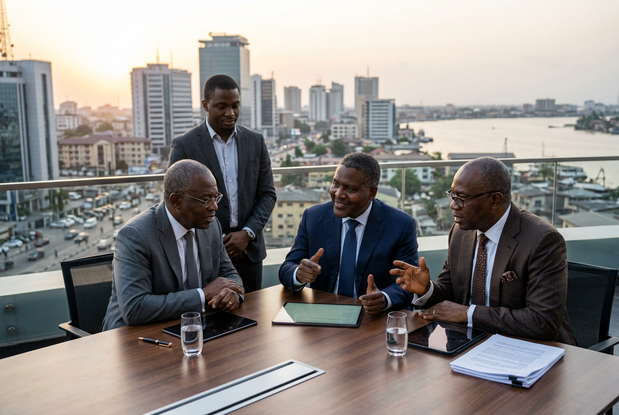 Senior African executives meeting in a modern boardroom overlooking Lagos, illustrating discussions about Africa's richest entrepreneurs, the richest man in Africa in 2026, and the continent's leading business leaders.