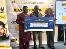 Lawal Michael Nasiru, popularly known as Nas Boi, beneficiary of the MTN lucky jackpot, Omada Emmanuel, and Chief Digital Officer, MTN Nigeria Aisha Mumuni