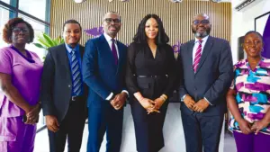 Chief Nursing Officer, Olayide Akau-Bognet; Consultant, Obstetrics & Gynaecology, Dr Adetomiwa Bankole; Chief Executive Officer, Dr Akinbiyi Oke; Patient, Moyo Awotile; Group Head Medical Services, Avon HMO, Adeyemi Adeyinka and Senior Nursing Manager, Temidire Oke, during the Fibroid Documentary screening at AVON Medical, Surulere  recently.