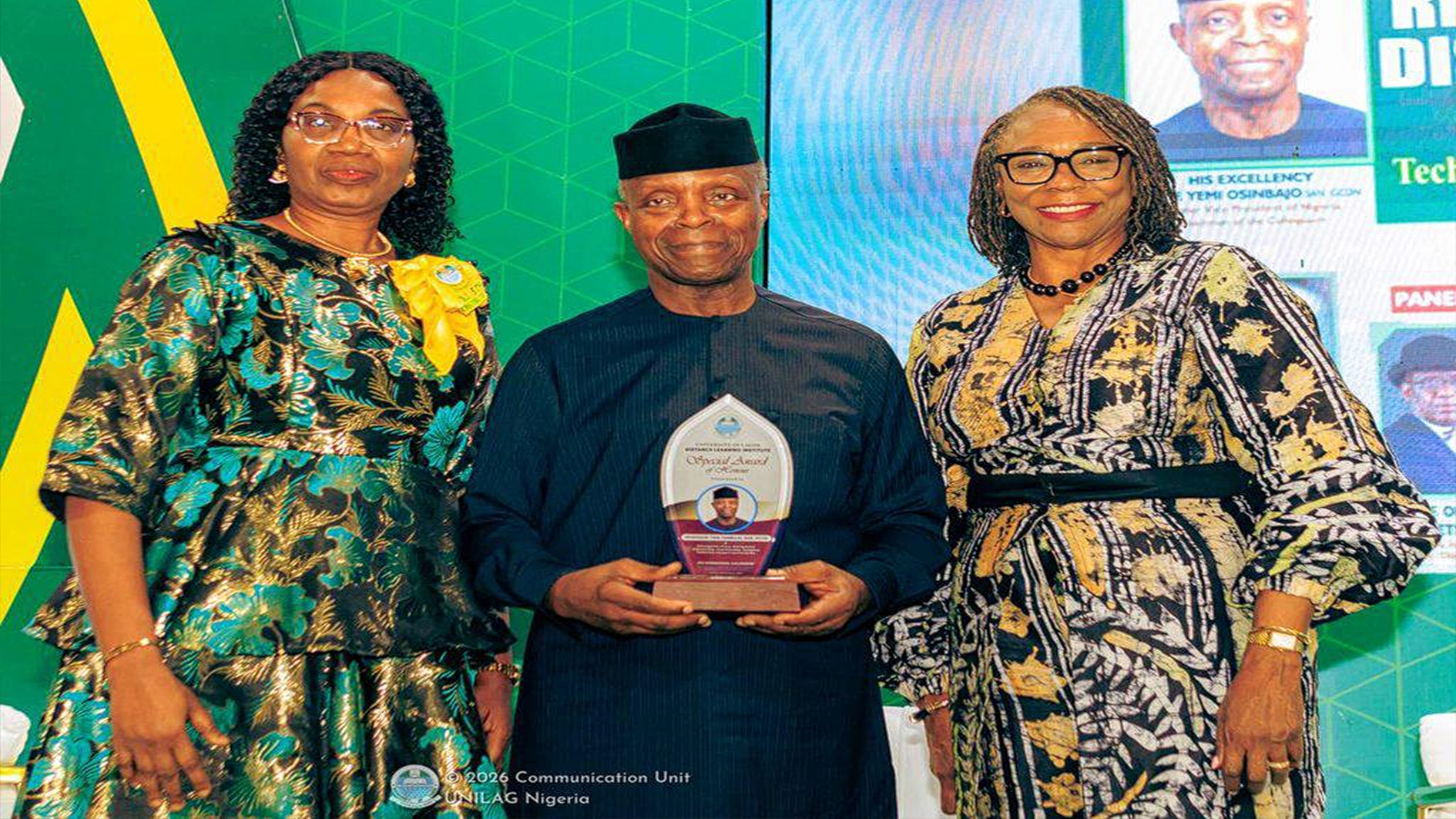 Director, Distance Learning Institute, University of Lagos,  Prof Risikat Dauda (left); former Vice-President, Prof Yemi Osibanjo;  and Vice-Chancellor, Prof Folasade Ogunsola, at the fifth international colloquium of the DLI, University of Lagos.