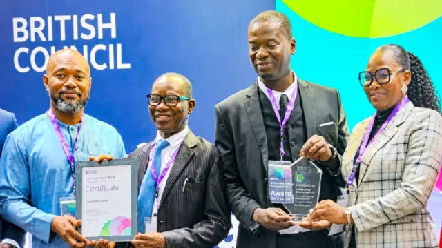 International School Award Coordinator, Grace Schools, Mr Jude Ashiedu (left); Deputy Head of School, Grace Children School, Mr Paul Ibe; Finance Director, Grace Schools, Mr Ademola Edun; and Supervisor, Upper Primary, Mrs Chika Erondu, during the presentation of the International School Award to Grace Schools for the fourth consecutive time, in Lagos… recently.