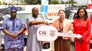 Director, Admin LSSTF, Mr Adegbola Lewis (left); Dr Ayodele Ogunsan; Chairman/CEO, CIG Motors Group, Chief Diana Chen and Executive Assistant, LSSTF, Mrs. Adaobi Nwankwo during the donation and official handover of 10 operational vehicles at CIG Motors Headquarters, Victoria Island, Lagos.