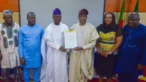 National Council of the Hotel Industry of Benin, Eugene Dieudonne Atonde (left); Technical Adviser for Tourism and Hospitality, Christian Pascal Couthon; Director-General of the Nigerian Tourism Development Authority (NTDA), Ola Awakan; Co-Chairmen of African Travel Commission (ATC), Dine Bouraima; Board member of the ATC, Susan Akporiaye and Executive Director, ATC, Dr Lucky George, during the presentation of Co-Chairman of ATC appointment letter to Bouraima in Cotonue, Benin Republic earlier in the week.
