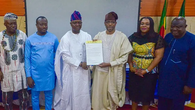 National Council of the Hotel Industry of Benin, Eugene Dieudonne Atonde (left); Technical Adviser for Tourism and Hospitality, Christian Pascal Couthon; Director-General of the Nigerian Tourism Development Authority (NTDA), Ola Awakan; Co-Chairmen of African Travel Commission (ATC), Dine Bouraima; Board member of the ATC, Susan Akporiaye and Executive Director, ATC, Dr Lucky George, during the presentation of Co-Chairman of ATC appointment letter to Bouraima in Cotonue, Benin Republic earlier in the week.