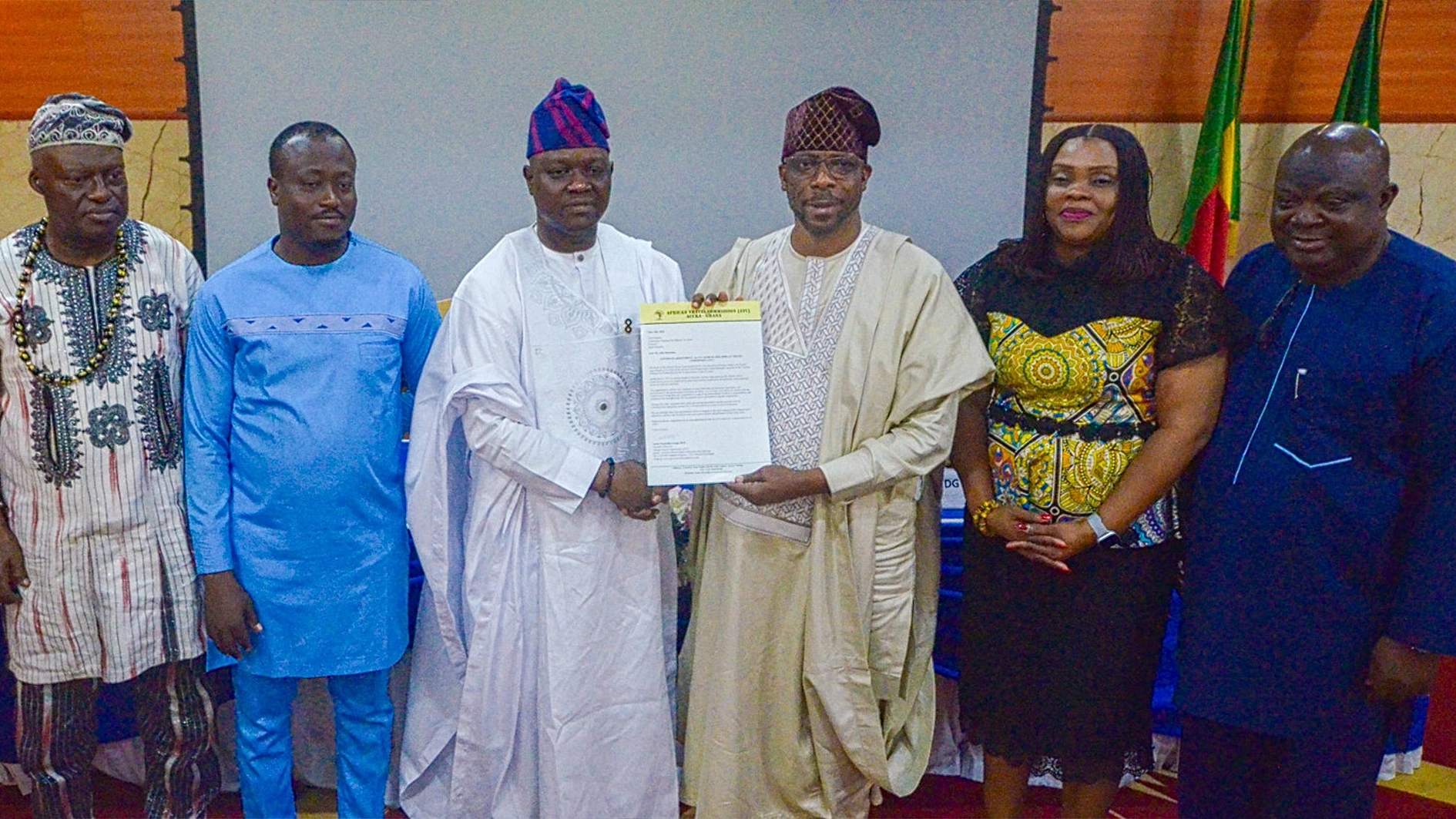 National Council of the Hotel Industry of Benin, Eugene Dieudonne Atonde (left); Technical Adviser for Tourism and Hospitality, Christian Pascal Couthon; Director-General of the Nigerian Tourism Development Authority (NTDA), Ola Awakan; Co-Chairmen of African Travel Commission (ATC), Dine Bouraima; Board member of the ATC, Susan Akporiaye and Executive Director, ATC, Dr Lucky George, during the presentation of Co-Chairman of ATC appointment letter to Bouraima in Cotonue, Benin Republic earlier in the week.