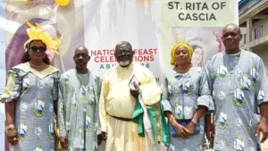 L-R: Chairperson, Local Organising Committee (LOC), 2026 Pius Union of St. Rita National Feast, Lady Idowu Jokpeyibo; former Auditor-General of the Federation of Nigeria (2010–2016) and National Grand Patron, Sir (Dr) Ukura Samuel; National Chaplain, Rev. Fr. Richard Igyor, OSA; Prior General of Nigeria, Mrs. Cecilia Oyakhire; and Abuja Archdiocesan Coordinator, Bro. Celestine Makwe.