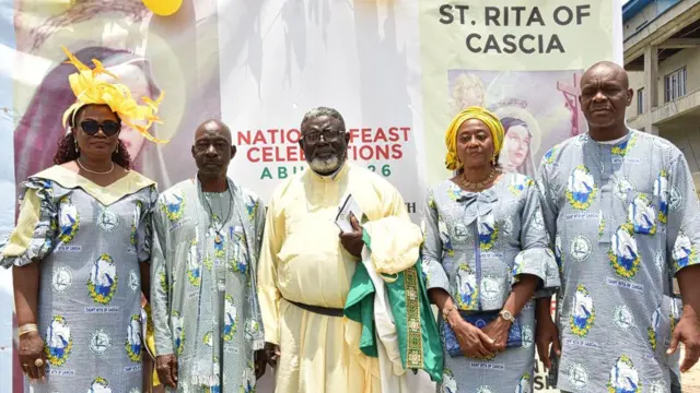 L-R: Chairperson, Local Organising Committee (LOC), 2026 Pius Union of St. Rita National Feast, Lady Idowu Jokpeyibo; former Auditor-General of the Federation of Nigeria (2010–2016) and National Grand Patron, Sir (Dr) Ukura Samuel; National Chaplain, Rev. Fr. Richard Igyor, OSA; Prior General of Nigeria, Mrs. Cecilia Oyakhire; and Abuja Archdiocesan Coordinator, Bro. Celestine Makwe.