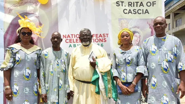 L-R: Chairperson, Local Organising Committee (LOC), 2026 Pius Union of St. Rita National Feast, Lady Idowu Jokpeyibo; former Auditor-General of the Federation of Nigeria (2010–2016) and National Grand Patron, Sir (Dr) Ukura Samuel; National Chaplain, Rev. Fr. Richard Igyor, OSA; Prior General of Nigeria, Mrs. Cecilia Oyakhire; and Abuja Archdiocesan Coordinator, Bro. Celestine Makwe.