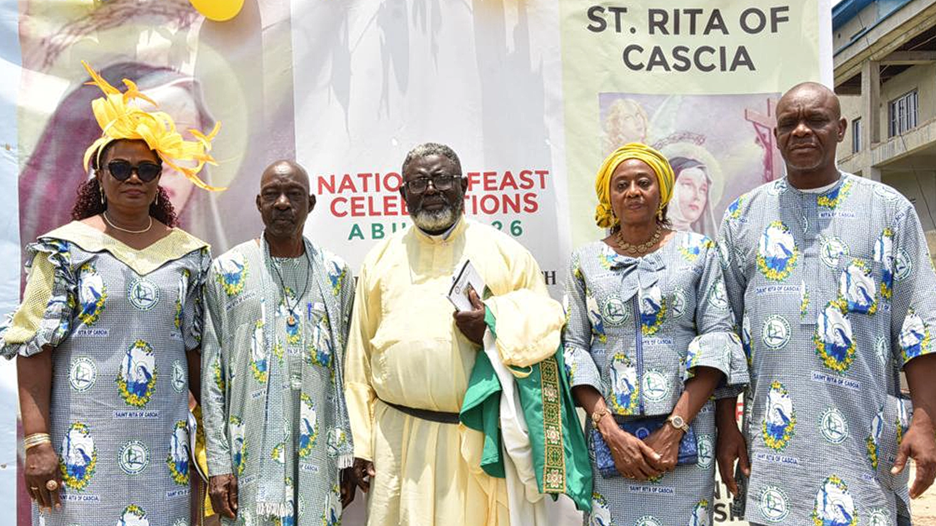 L-R: Chairperson, Local Organising Committee (LOC), 2026 Pius Union of St. Rita National Feast, Lady Idowu Jokpeyibo; former Auditor-General of the Federation of Nigeria (2010–2016) and National Grand Patron, Sir (Dr) Ukura Samuel; National Chaplain, Rev. Fr. Richard Igyor, OSA; Prior General of Nigeria, Mrs. Cecilia Oyakhire; and Abuja Archdiocesan Coordinator, Bro. Celestine Makwe.