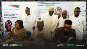 Front row: President, Cooperative Federation of Nigeria, Mrs Hannatu Mershak (left); Permanent Secretary, Federal Ministry of Agriculture and Food Security, Dr. Engr Marcus Ogunbiyi, and Executive Director/Chief Operating Officer, Seamfix Limited,and Frank Atube, sign the MoU between FMAFS, CFN, and Seamfix during the NCSR Kick-Off Ceremony in Abuja, in the presence of Senator Dr Aliyu Sabi Abdulahi, Minister of State for Agriculture and Food Security.