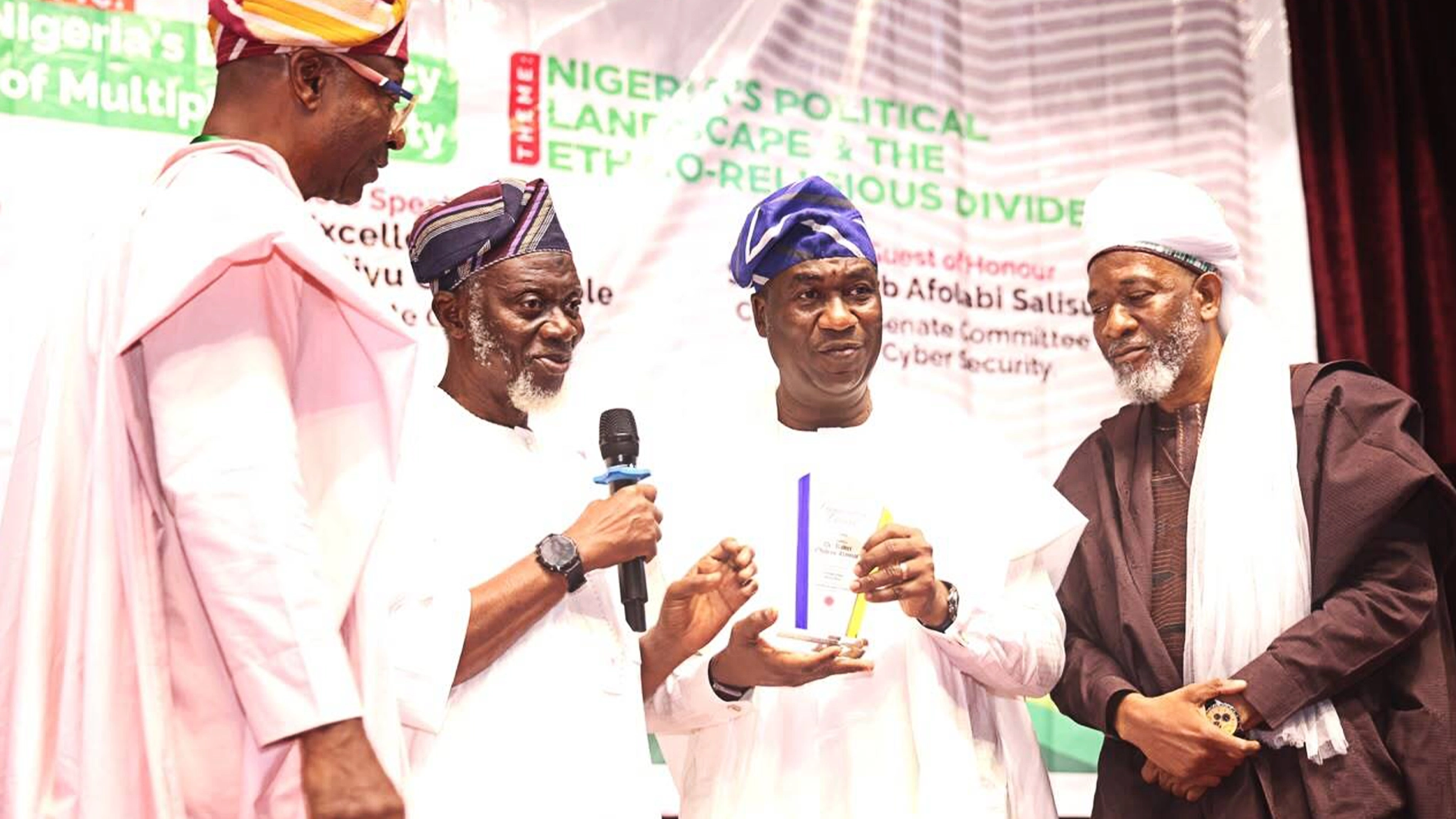 Chairman, 7th National Discourse Planning Committee (left), Alhaji Ismail Ozugha; Chairman, Board of Trustees, The Companion, Alhaji Waliu Onibon; Lagos State Deputy Governor, Dr. Kadri Obafemi Hamzat and National Amir, The Companion, Imam Nojeem Jimoh at the 7th National Discourse Organized by The Companion held at the J.F Ade Ajayi Auditorium, University of Lagos (UNILAG), Akoka, Yaba, Lagos, on Sunday