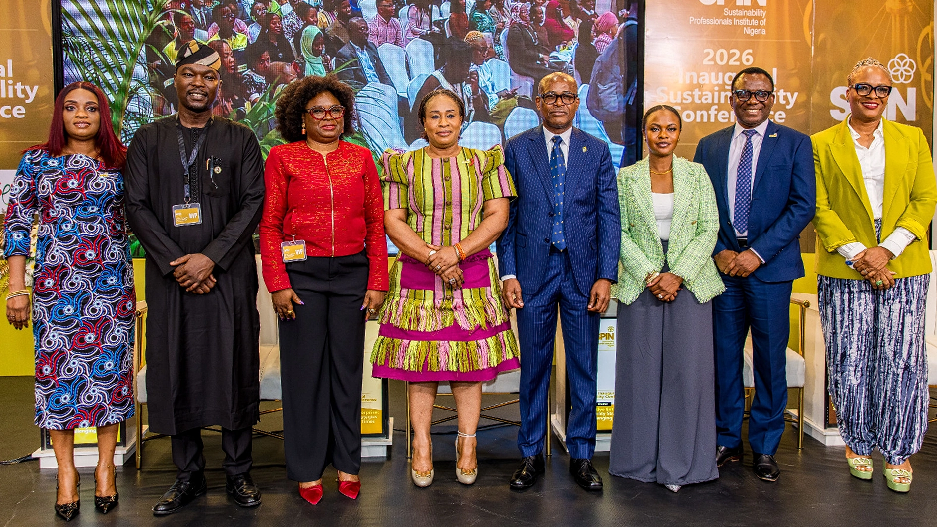 Director, Sustainability, IHS Towers, Titilope Oguntuga (left); SSA to the President, Climate Finance and Stakeholder Engagement, Ibrahim Shelleng; Partner and Head, ESG Sustainability and Climate Change, PwC, Marilyn Obasa Osula; Vice President, Sustainability Professionals Insistute of Nigeria (SPIN), Dr. Ini Abimbola; Executive Director, Risk, FirstBank, Biyi Olagbami; Head of Sustainability and ESG, NSIA, Nana Maidugu; President, SPIN, Professor Ken Amaeshi and Director, External Affairs and Social Performance, Seplat Energy, Chioma Afe, during the SPIN 2026 Inaugural  Sustainability Conference held in Lagos, recently.