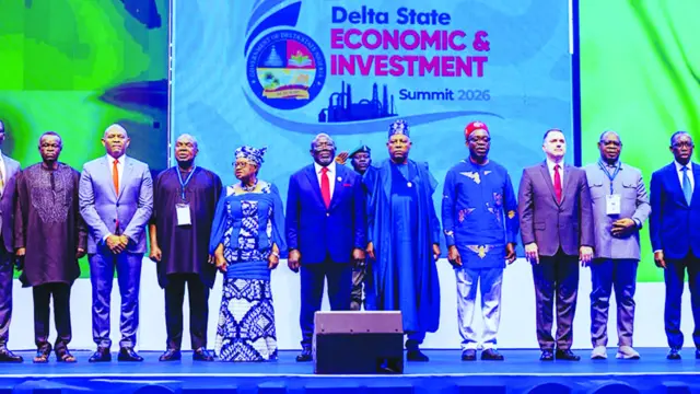 Minister of Finance and Coordinating Minister of the Economy, Prof. Taiwo Oyedele (left); Kenyan Pan-African legal scholar and guest speaker, Prof. Patrick Lumumba; Chairman of the Heirs Holdings Group, Tony Elumelu; Chairman of the summit, Austin Avuru; Director-General of the World Trade Organisation, Dr Ngozi Okonjo-Iweala; Delta State Governor, Sheriff Oborevwori; Vice President, Kashim Shettima; Anambra State Governor, Prof. Charles Soludo; Brazilian Ambassador to Nigeria, Carlos Garcete; Delta State Deputy Governor, Monday Onyeme, and former Governor of Delta State, Ifeanyi Okowa, during the opening session of the Delta State Economic and Investment Summit 2026 in Asaba, yesterday.