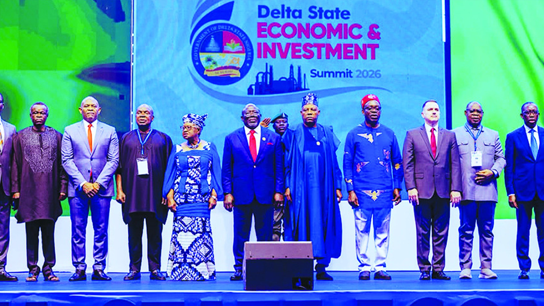 Minister of Finance and Coordinating Minister of the Economy, Prof. Taiwo Oyedele (left); Kenyan Pan-African legal scholar and guest speaker, Prof. Patrick Lumumba; Chairman of the Heirs Holdings Group, Tony Elumelu; Chairman of the summit, Austin Avuru; Director-General of the World Trade Organisation, Dr Ngozi Okonjo-Iweala; Delta State Governor, Sheriff Oborevwori; Vice President, Kashim Shettima; Anambra State Governor, Prof. Charles Soludo; Brazilian Ambassador to Nigeria, Carlos Garcete; Delta State Deputy Governor, Monday Onyeme, and former Governor of Delta State, Ifeanyi Okowa, during the opening session of the Delta State Economic and Investment Summit 2026 in Asaba, yesterday.