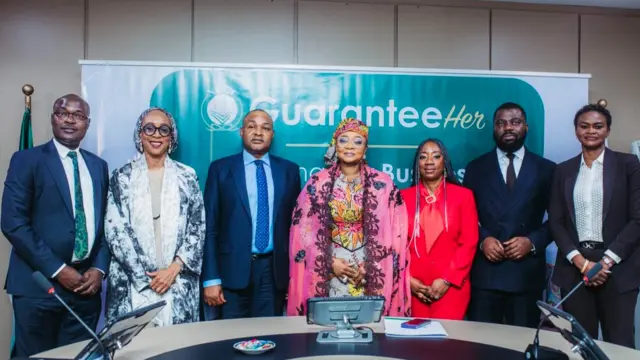 L-R: Prof. Ezekiel Oseni, ED, Risk Management, NCGC, Dr. Adedayo Benjamins Laniyi, DG/CEO, Maryam Babangida NCWD, Dr. Bonaventure Okhaimo, MD, NCGC, Hon. Imaan Sulaiman-Ibrahim (Women Affairs Minister), Mrs. Tinuola Aigwedo, ED, Strategy and Operations, NCGC, Mr. Ayodeji Sotirin, MD/CEO BOA, Mrs. Oluwakemi Owonubi-Babalogbon (Non-Executive Director, NCGC)