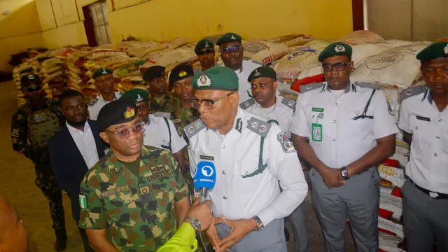 NNS Beecroft commander,  Commodore Aiwuyor Adams-Aliu (left) and NCS Comptroller, Western Marine Command, Patrick Ntadi, during the handing over at Western Naval Command, Apapa,  Lagos.