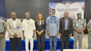 Assistant Comptroller, Nigeria Customs Service (NCS) Port Harcourt Area V, Ibeto Seaport and Terminal Command, Tuesday Achukwu (left); Assistant Comptroller, NCS Kano/Jigawa Area Command, Ojomo Muyiwa; Chairman, Nigerian Union of Journalists (NUJ), Rivers State Chapter, Paul Bazia-Nsaneh; Ports Manager, Rivers Port Complex, Kenechi Okezie; Technical Adviser to the Oil and Gas Free Zone Authority (OGFZA) Managing Director on Free Zones Development, Iniobong Jackson; President, Maritime Correspondents’ Organisation of Nigeria (MARCON), Ismail Aniemu; Public Relations Officer, Port Harcourt Area V, Ibeto Seaport and Terminal Command, Emmanuel Tangwa and Assistant Comptroller, NCS Port Harcourt Area II Command, Jibro Jeremiah at the MARCON’s yearly conference held in Port Harcourt, Rivers State.