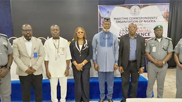 Assistant Comptroller, Nigeria Customs Service (NCS) Port Harcourt Area V, Ibeto Seaport and Terminal Command, Tuesday Achukwu (left); Assistant Comptroller, NCS Kano/Jigawa Area Command, Ojomo Muyiwa; Chairman, Nigerian Union of Journalists (NUJ), Rivers State Chapter, Paul Bazia-Nsaneh; Ports Manager, Rivers Port Complex, Kenechi Okezie; Technical Adviser to the Oil and Gas Free Zone Authority (OGFZA) Managing Director on Free Zones Development, Iniobong Jackson; President, Maritime Correspondents’ Organisation of Nigeria (MARCON), Ismail Aniemu; Public Relations Officer, Port Harcourt Area V, Ibeto Seaport and Terminal Command, Emmanuel Tangwa and Assistant Comptroller, NCS Port Harcourt Area II Command, Jibro Jeremiah at the MARCON’s yearly conference held in Port Harcourt, Rivers State.
