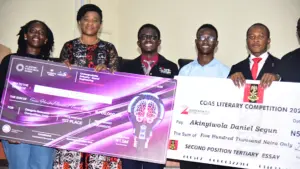 FUTA Student Nunsi Shiaki (left); Vice Chancellor, FUTA, Professor Adenike Oladiji; other students: Oluwaferanmi Oladepo, Adejire Adegite of Team Zenith; and Daniel Segun Akinyiwola, a Year III Medicine and Surgery (MBBS) at a reception for students who won National competitions in Akure… on Thursday.