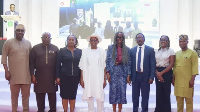 Regional Director for Grid Technologies Business, West and Central Africa at Siemens Energy, Oladayo Orolu (left); Vice-Chancellor of Edwin Clark University and Professor of Power and Energy Systems; Prof. Samuel Tita Wara; Founder of Etinpower Limited, Prof. Yinka Omorogbe (SAN); Chairman of International Energy Services Limited, Dr Diran Fawibe; Principal Consultant, STEM Specialist & Entrepreneur, Dr Ibilola Amao; Managing Director of IESL, Bayo Ige, sustainable energy development specialist, Dr Temilade Sesan and Professor of Economics at the University of Lagos, Prof. Olufemi Saibu at the fourth Dr. Diran Fawibe Annual Lecture Series at the University of Ibadan, Ibadan