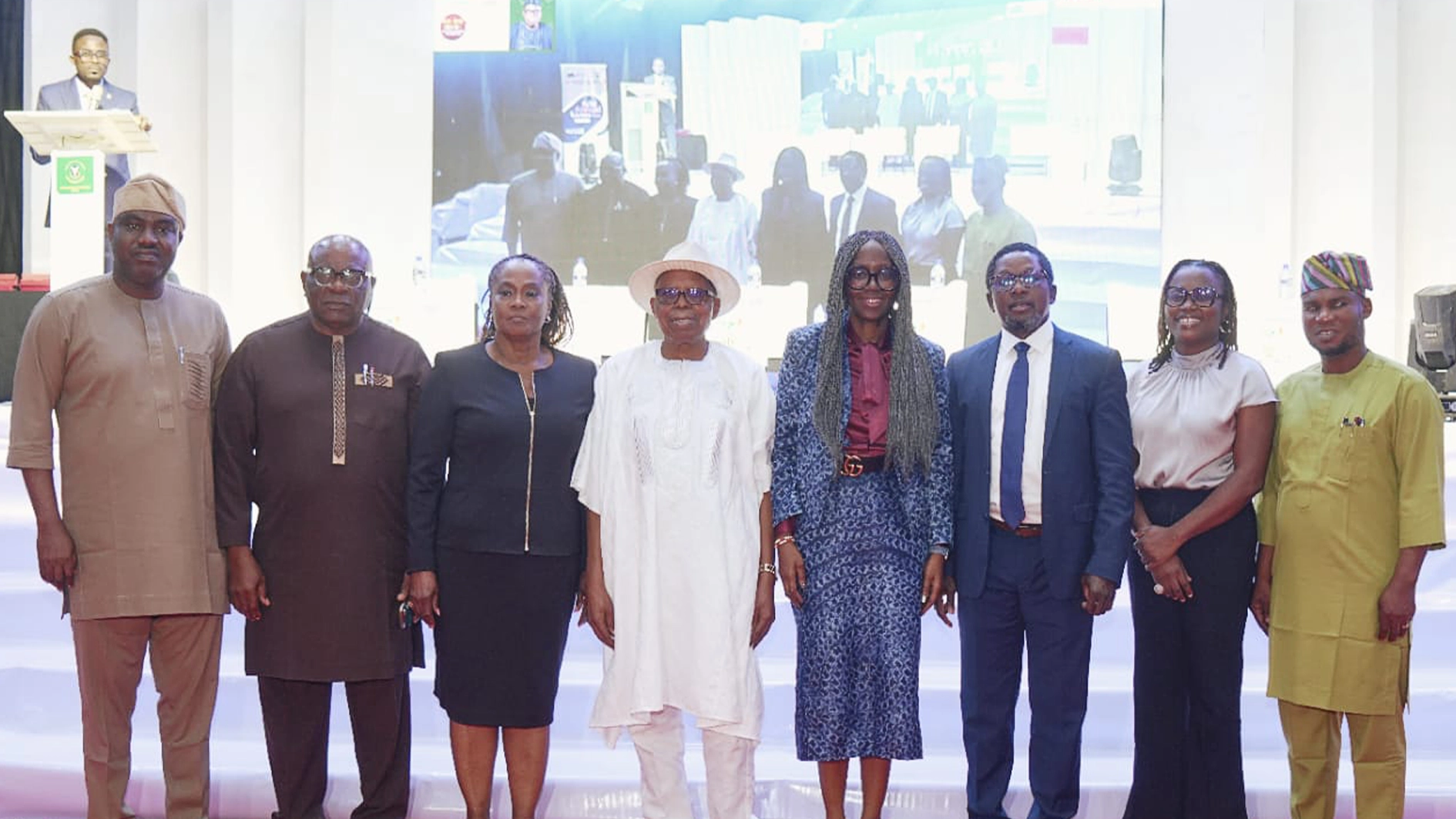 Regional Director for Grid Technologies Business, West and Central Africa at Siemens Energy, Oladayo Orolu (left); Vice-Chancellor of Edwin Clark University and Professor of Power and Energy Systems; Prof. Samuel Tita Wara; Founder of Etinpower Limited, Prof. Yinka Omorogbe (SAN); Chairman of International Energy Services Limited, Dr Diran Fawibe; Principal Consultant, STEM Specialist & Entrepreneur, Dr Ibilola Amao; Managing Director of IESL, Bayo Ige, sustainable energy development specialist, Dr Temilade Sesan and Professor of Economics at the University of Lagos, Prof. Olufemi Saibu at the fourth Dr. Diran Fawibe Annual Lecture Series at the University of Ibadan, Ibadan