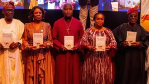 Major General Tilewa Amusu (rtd), (left); Justice Olayinka Faji; Mrs Abosede Faji, Diocesan Bishop of Lagos Mainland Church of Nigeria (Anglican Communion), Rt. Rev’d Akinpelu Johnson; Mrs Olabo Johnson; Mr. Kayode Sonaike; and Chief Joseph Oke, during presentation of the book, entitled: “The Church Is Marching On” to commemorate the Diocese of Lagos Mainland Church of Nigeria (Anglican Communion), 20th anniversary in Lagos… recently