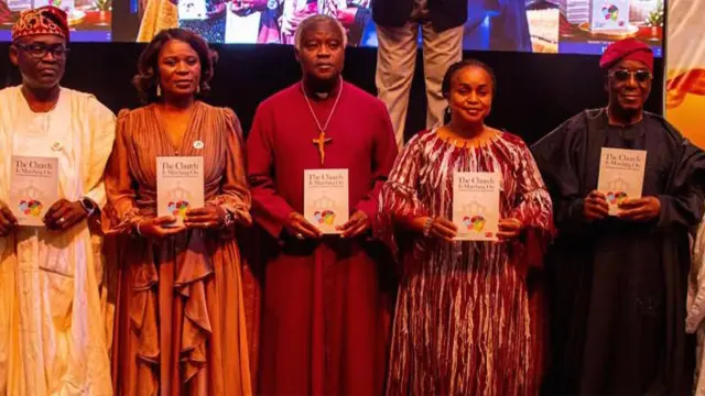Major General Tilewa Amusu (rtd), (left); Justice Olayinka Faji; Mrs Abosede Faji, Diocesan Bishop of Lagos Mainland Church of Nigeria (Anglican Communion), Rt. Rev’d Akinpelu Johnson; Mrs Olabo Johnson; Mr. Kayode Sonaike; and Chief Joseph Oke, during presentation of the book, entitled: “The Church Is Marching On” to commemorate the Diocese of Lagos Mainland Church of Nigeria (Anglican Communion), 20th anniversary in Lagos… recently