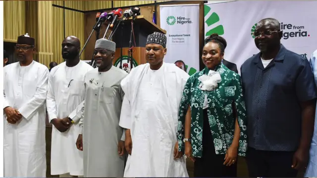 Director-General of Nigerian Television Authority (NTA), Salihu Dembos (left); President, Tech4Dev, Joel Ogunsola; Minister of Education, Dr Tunji Alausa; Minister of Information and National Orientation, Mohammed Idris; Minister of Industry, Trade and Investment, Dr Jumoke Oduwole, and Special Adviser to the President on Media and Public Communications, Sunday Dare, during a briefing on the inauguration ‘Hire from Nigeria’ campaign in Abuja, yesterday.