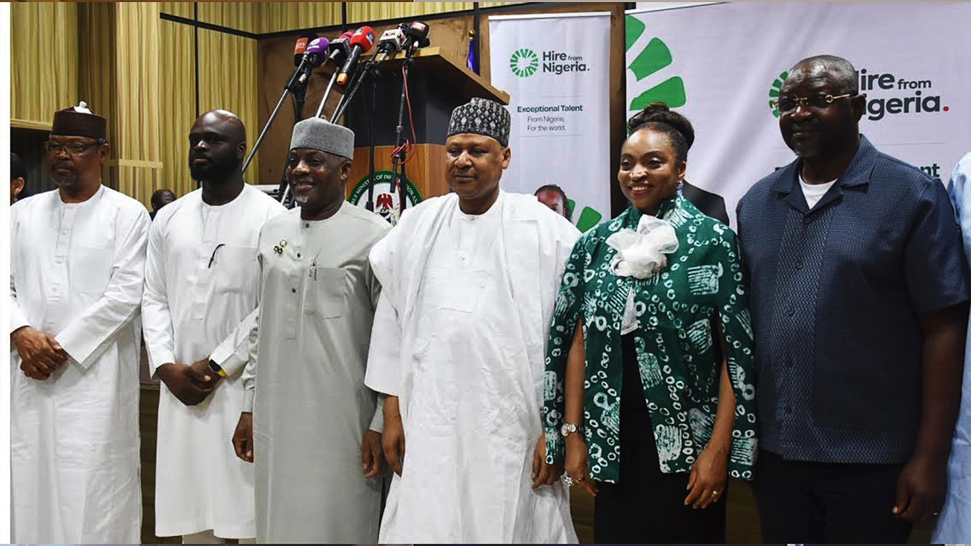 Director-General of Nigerian Television Authority (NTA), Salihu Dembos (left); President, Tech4Dev, Joel Ogunsola; Minister of Education, Dr Tunji Alausa; Minister of Information and National Orientation, Mohammed Idris; Minister of Industry, Trade and Investment, Dr Jumoke Oduwole, and Special Adviser to the President on Media and Public Communications, Sunday Dare, during a briefing on the inauguration ‘Hire from Nigeria’ campaign in Abuja, yesterday.