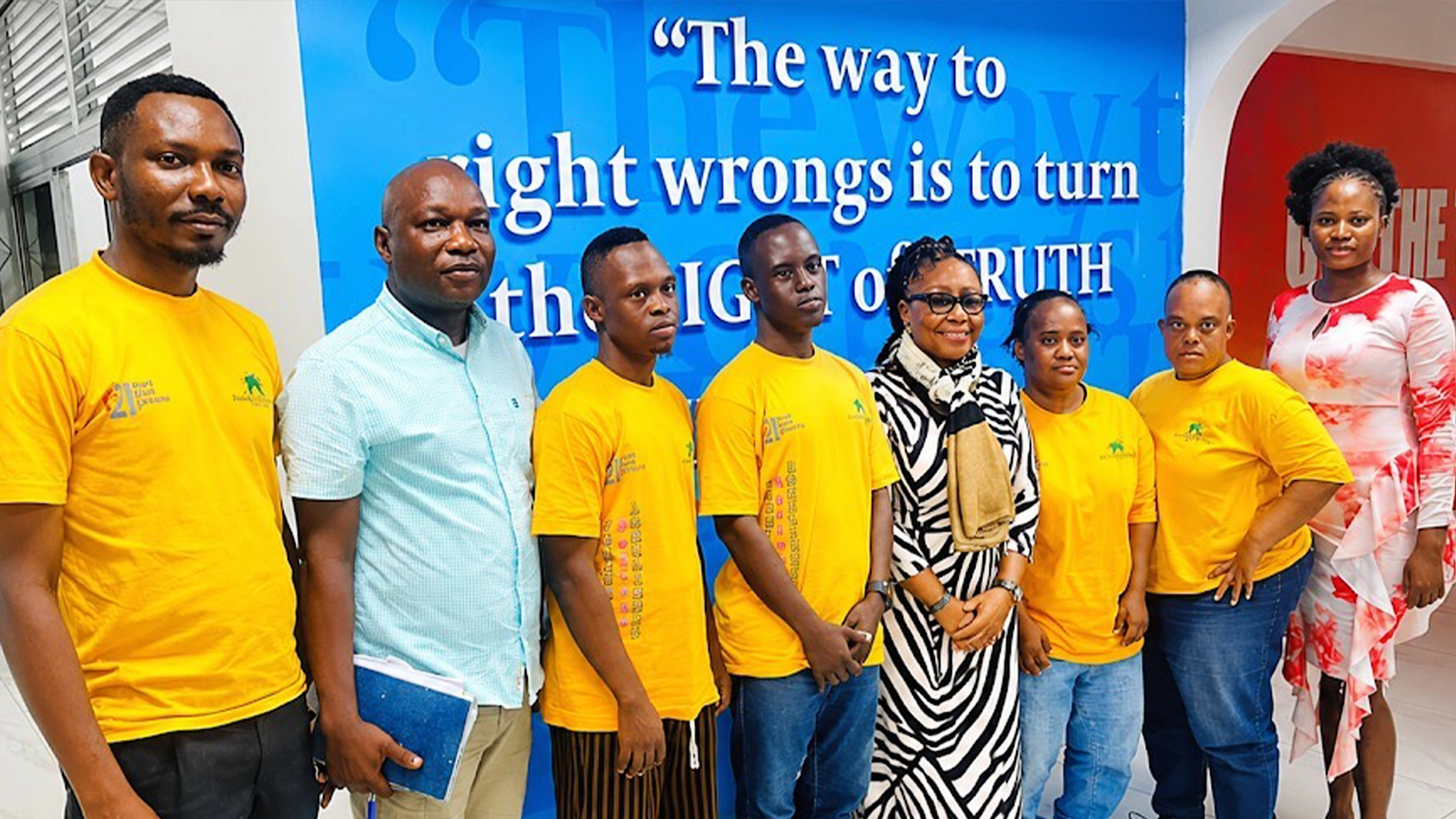 Deputy Head of Education/Project Manager, The Down Syndrome Foundation Nigeria, Innocent Okuru (left); Head of Education and Social Services, Sunday Ojo; Self Advocate, Victor Odene; Self Advocate, Divine Adeyeye; National President/CEO of the Foundation, Mrs Rose Mordi; Self Advocates, Tomisin Otubu; Awele Mordi, and Educational Therapist, The Down Syndrome Foundation Nigeria, Pelumi Akande, during the foundation visit to The Guardian head office for their forthcoming 25th anniversary celebration and Disability awareness activities in Lagos, yesterday.                                                                              PHOTO: SUNDAY AKINLOLU