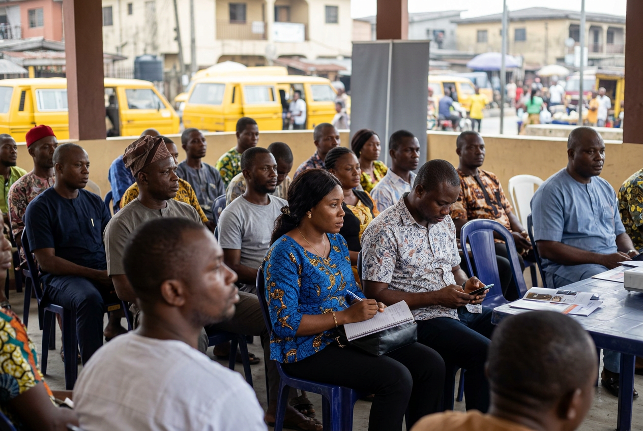 Nigerians attending a financial and business seminar, representing economic mobility, wealth creation, and discussions about millionaires and billionaires in Nigeria.