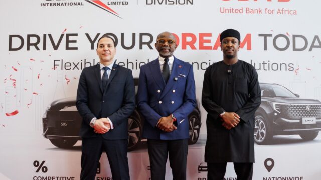 General Manager, Mikano Motors, Tarek Mostafa (left); Executive Director, Personal and Business Banking, United Bank for Africa, Chidi Okpala and National Operations Manager, Mikano Motors, Syam Abdulkadir, during a partnership signing between both parties, themed: ‘Drive Your Dreams Today’, a flexible vehicle financing solutions, initiative at the Mikano Showroom in Victoria Island, Lagos.