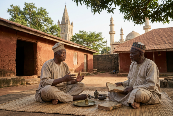 Two Nigerian elders discussing religious texts outdoors, with a church tower and mosque minarets in the background representing Islam and Christianity in Nigeria.