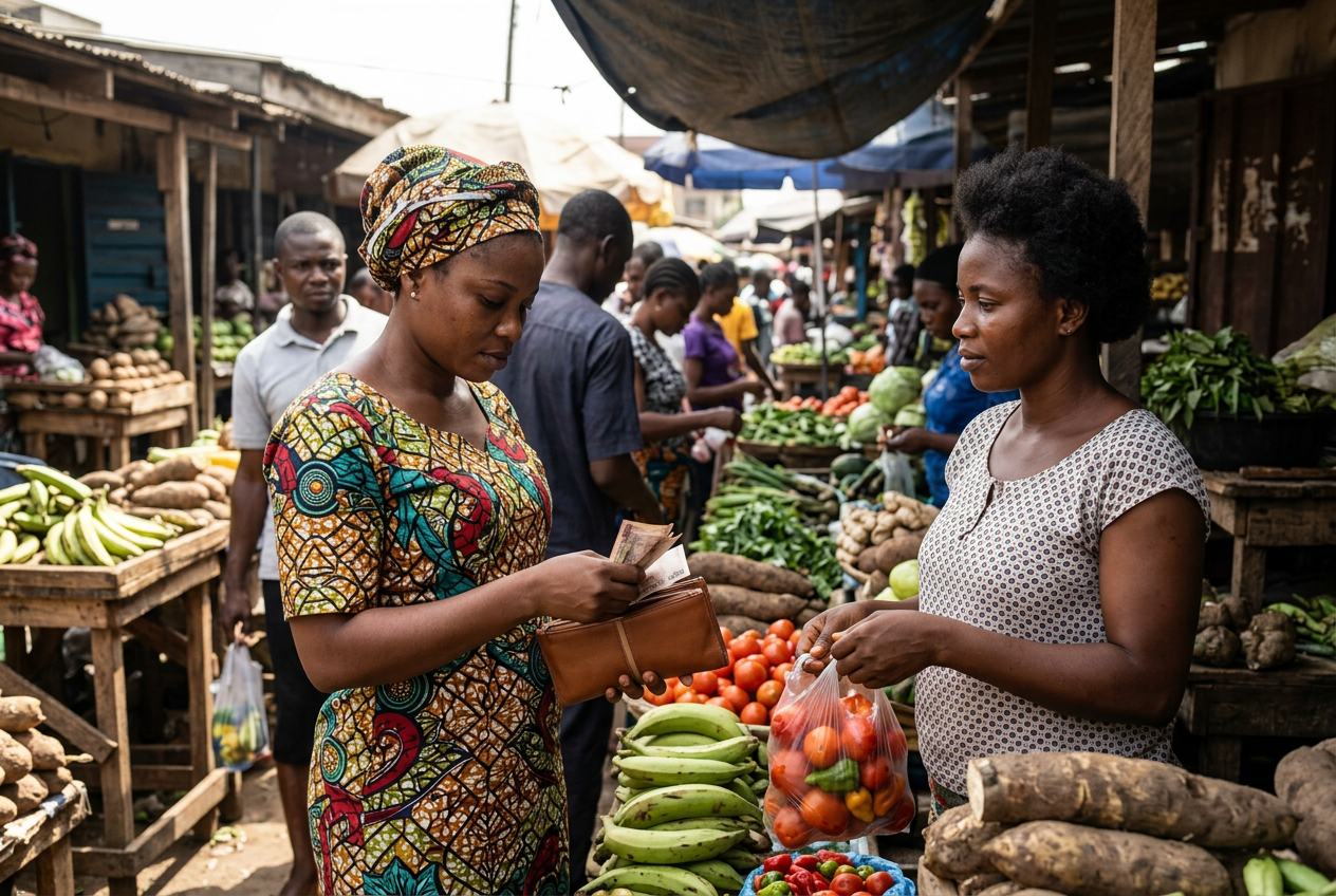 Nigerian woman shopping for fresh produce at a local market, illustrating everyday living costs in Nigeria