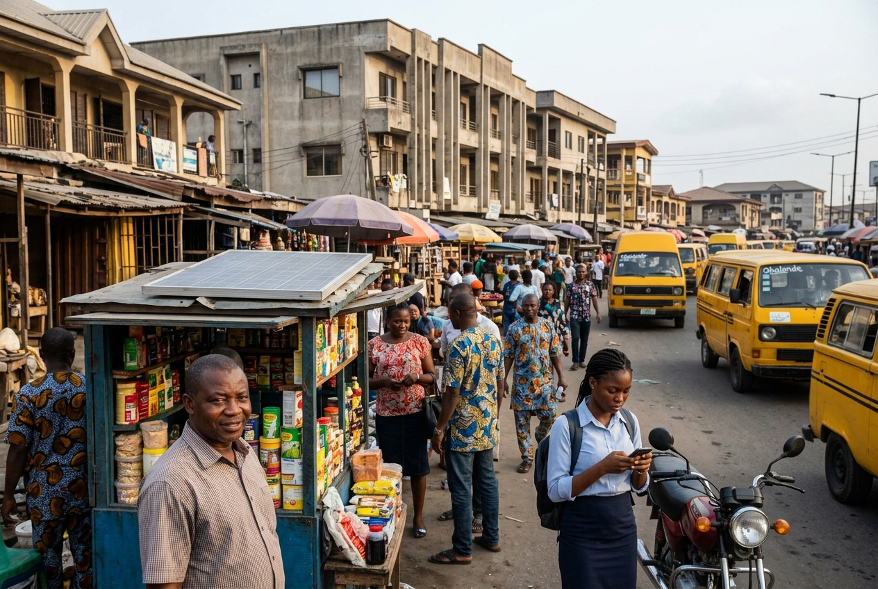Busy Nigerian commercial street with traders, shoppers and yellow minibuses, illustrating the strength of Nigeria's economy