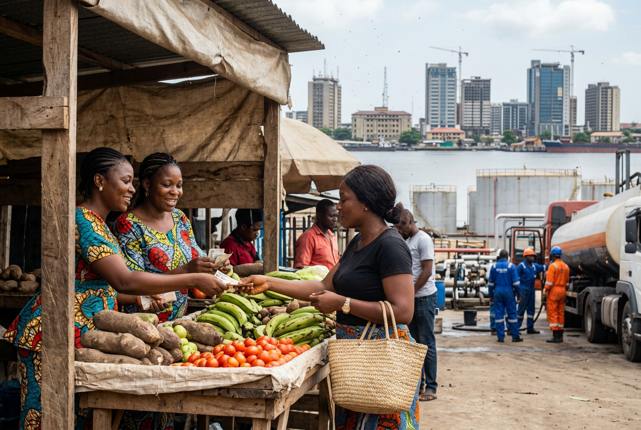 Nigerian market traders selling produce in Lagos, showing everyday economic activity and sources of income