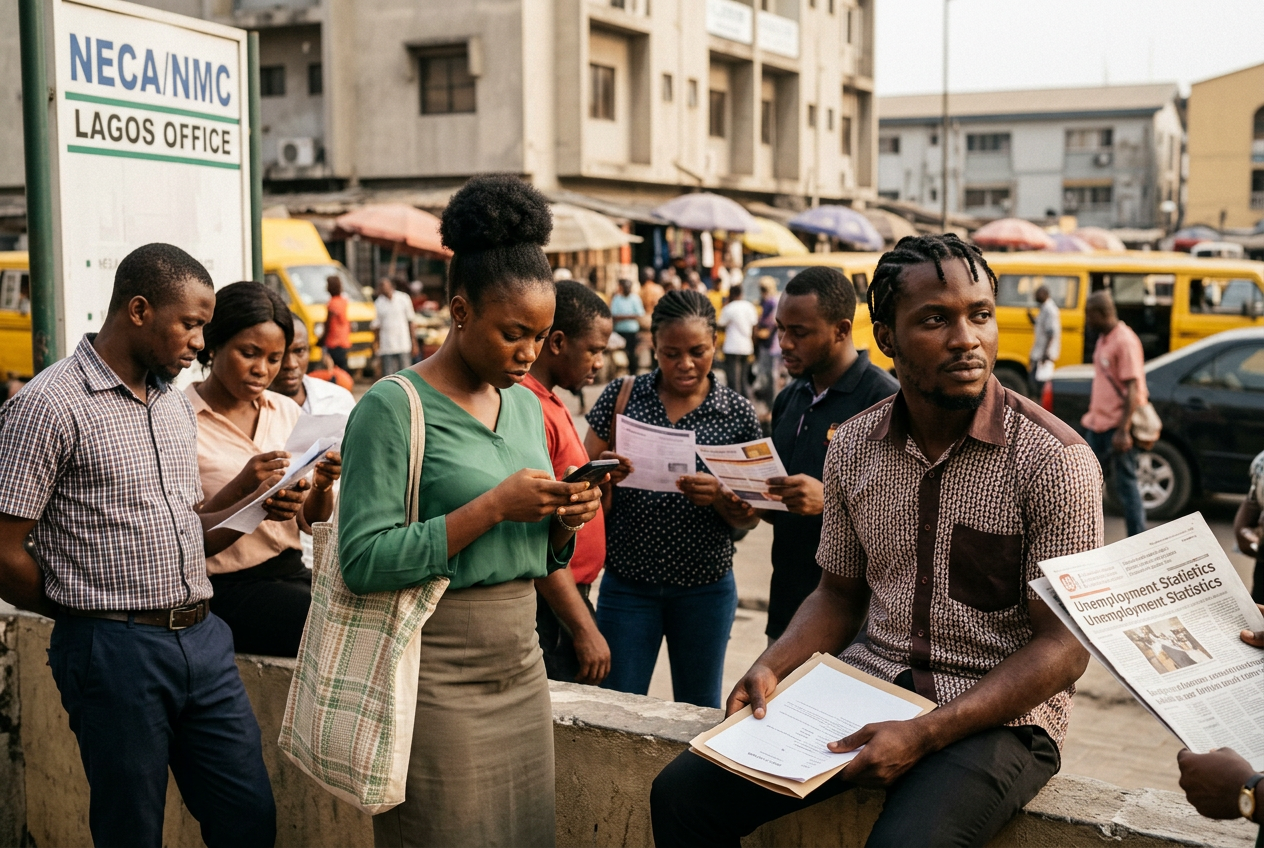 Nigerian job seekers in Lagos checking employment information and opportunities