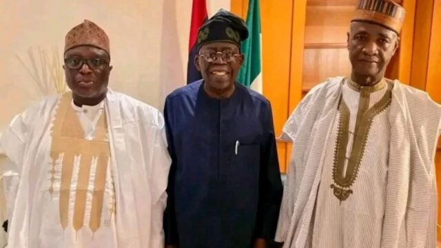 2023 governorship candidate of the PDP in Sokoto State, Sa’idu Umar Ubandoma (left); President Bola Ahmed Tinubu and Senator Aliyu Magatakarda Wamakko during Umar’s return to the APC in Abuja…recently