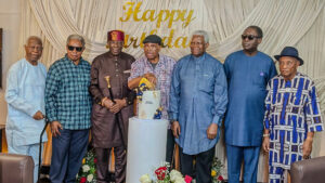 Former Executive Director of Chevron, Godfrey Etikerentse (left); Francis Murray Bruce; Olorogun Sonny Kuku; celebrant, Amb. Patrick Dele Cole; Gen. Ike Nwachukwu; Chairman of the Bi-Courtney Group of Companies, Dr Wale Babalakin, and former Managing Director of AP, Tom Fabyan, during the 86th birthday celebration of Dr Cole at his residence in Victoria Island, Lagos, yesterday.                                                           PHOTO: AYODELE ADENIRAN