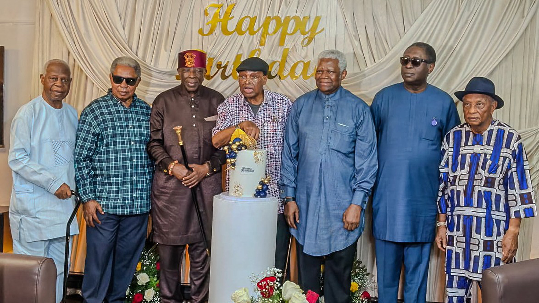 Former Executive Director of Chevron, Godfrey Etikerentse (left); Francis Murray Bruce; Olorogun Sonny Kuku; celebrant, Amb. Patrick Dele Cole; Gen. Ike Nwachukwu; Chairman of the Bi-Courtney Group of Companies, Dr Wale Babalakin, and former Managing Director of AP, Tom Fabyan, during the 86th birthday celebration of Dr Cole at his residence in Victoria Island, Lagos, yesterday.                                                           PHOTO: AYODELE ADENIRAN