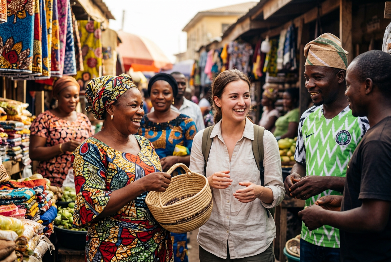 International tourist enjoying a warm welcome from local Nigerians at a vibrant traditional market, showing why Nigeria is friendly to tourists and known for its hospitality toward foreigners.