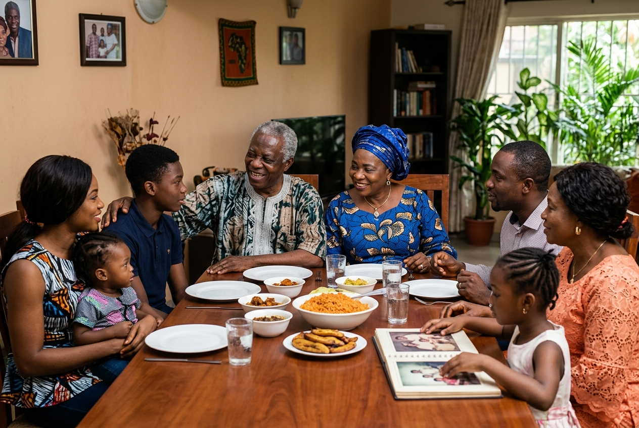 What are Nigerian family values? A Nigerian family sharing a meal together, reflecting respect for elders, togetherness, community and strong family bonds.