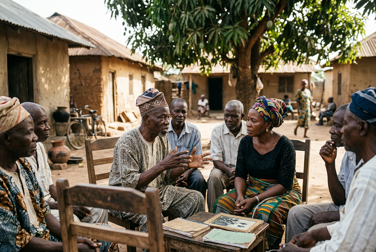 Historical Nigerian community gathered in a village setting, illustrating what happened in 1936 in Nigeria