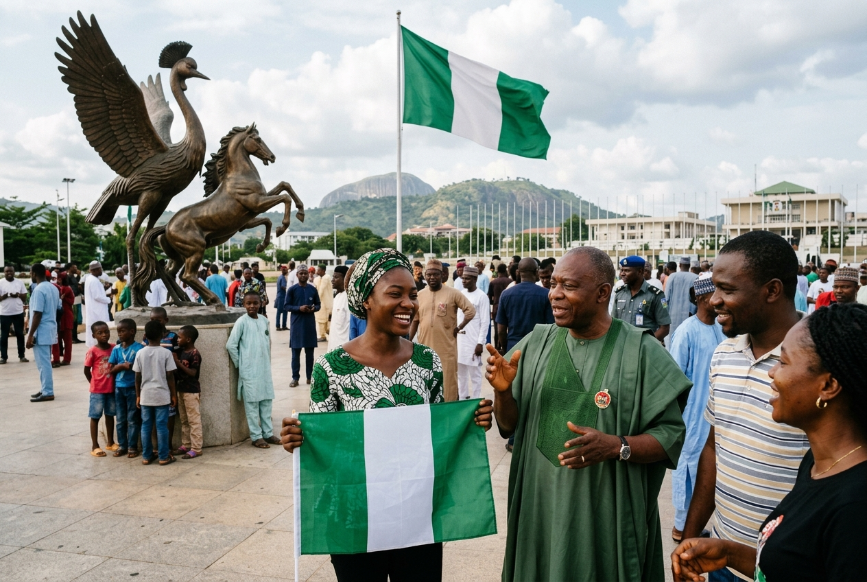 What symbolizes Nigeria? Nigerian flag displayed with national symbols and people in Abuja, representing Nigeria’s identity, national colors and heritage.