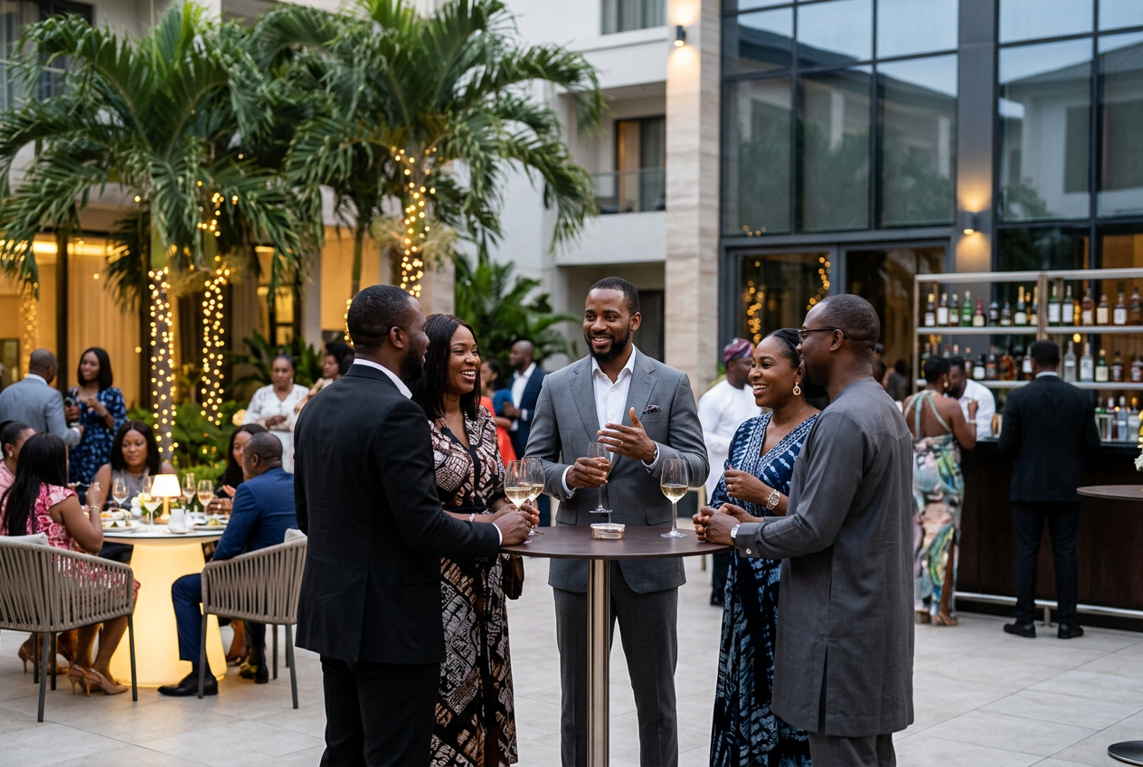 Well-dressed Nigerian professionals networking and socialising at a luxury outdoor lounge event in Lagos, Nigeria.