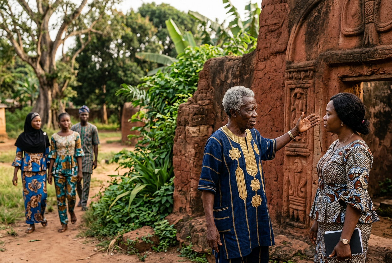 A Yoruba elder outside a traditional shrine in Nigeria, demonstrating traditional religious customs that existed long before Christianity and Islam.