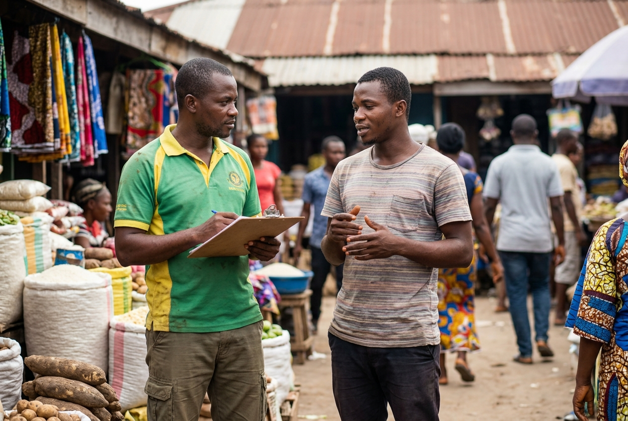 Who are the low income earners in Nigeria? Nigerian workers discussing business in a local market, representing lower-income employment and informal-sector livelihoods.